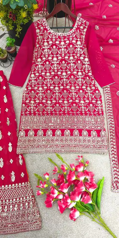 SR 1609 Pink Georgette Embroidery Sequence Rivet Moti Work Sharara Suit Wedding, Party, Festive, Events Etc.   Expected Delivery 4-6 Working Days @2249/- | Jump Suits, Salwar suit, Casual Suits, Creative suits, Designer Suits, Palazzo Suits, Party Wear Suits, Patiala Suits, Straight Suits