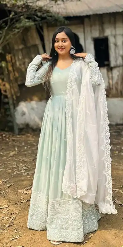   DC G47 Pista Green Color Georgette Embroidery Sequence Gown Casual, Wedding, Party, Festive, Events Etc. Expected Delivery 4-6 Working Days @2449/- | Gowns, Bollywood Gowns, Creative Gowns, Designer Gowns, Embroidered Gowns, Party Wear Gowns