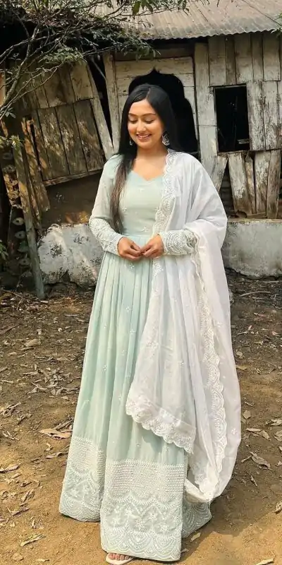   DC G47 Pista Green Color Georgette Embroidery Sequence Gown Casual, Wedding, Party, Festive, Events Etc. Expected Delivery 4-6 Working Days @2449/- | Gowns, Bollywood Gowns, Creative Gowns, Designer Gowns, Embroidered Gowns, Party Wear Gowns