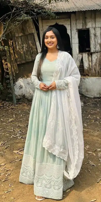   DC G47 Pista Green Color Georgette Embroidery Sequence Gown Casual, Wedding, Party, Festive, Events Etc. Expected Delivery 4-6 Working Days @2449/- | Gowns, Bollywood Gowns, Creative Gowns, Designer Gowns, Embroidered Gowns, Party Wear Gowns