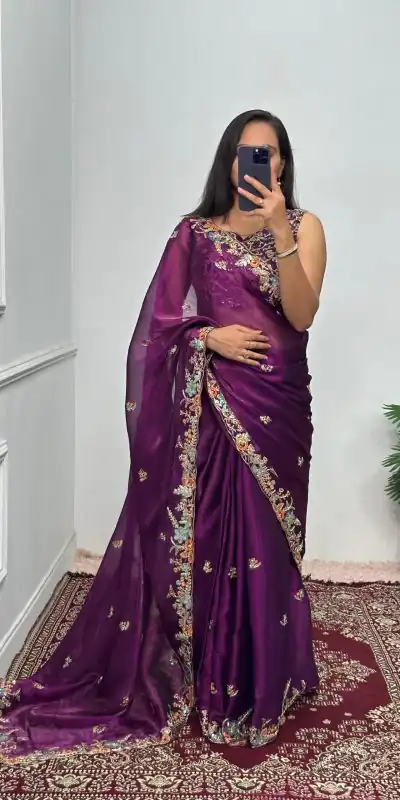 ST 472 Purple Color Burberry With Blooming Embroidery Saree Casual, Wedding, Party, Festive, Events Etc. Expected Delivery 4-6 Working Days @1999/- | Designer Sarees, Sarees, Bollywood Sarees, Creative Sarees, Embroidered Sarees, Ethnic Saree, Modern Digital sarees, Party Wear Sarees
