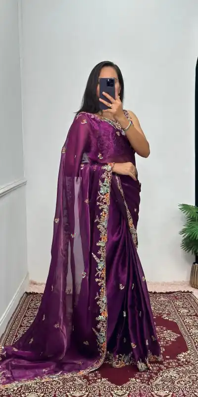 ST 472 Purple Color Burberry With Blooming Embroidery Saree Casual, Wedding, Party, Festive, Events Etc. Expected Delivery 4-6 Working Days @1999/- | Designer Sarees, Sarees, Bollywood Sarees, Creative Sarees, Embroidered Sarees, Ethnic Saree, Modern Digital sarees, Party Wear Sarees