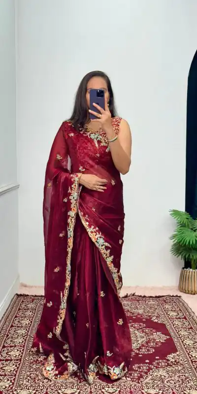 ST 472 Red Color Burberry With Blooming Embroidery Saree Casual, Wedding, Party, Festive, Events Etc. Expected Delivery 4-6 Working Days @1999/- | Designer Sarees, Sarees, Bollywood Sarees, Creative Sarees, Embroidered Sarees, Ethnic Saree, Modern Digital sarees, Party Wear Sarees