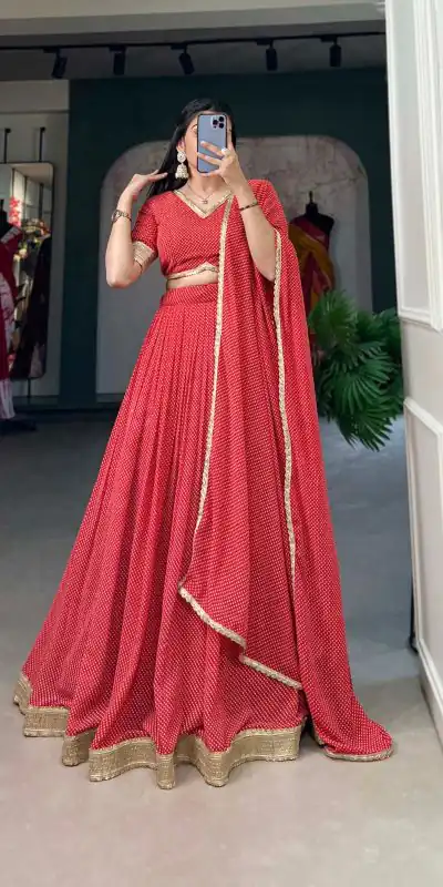 LNB 121 Red Color Georgette Print With Lace Border Lehenga Choli Festive Party Wedding, Events etc. Delivery 4-6 Working Days @2149/- | Lehenga, Bollywood Lehenga, Creative Lehenga, Designer Lehenga, Embroidered Lehenga, Party Wear Lehenga