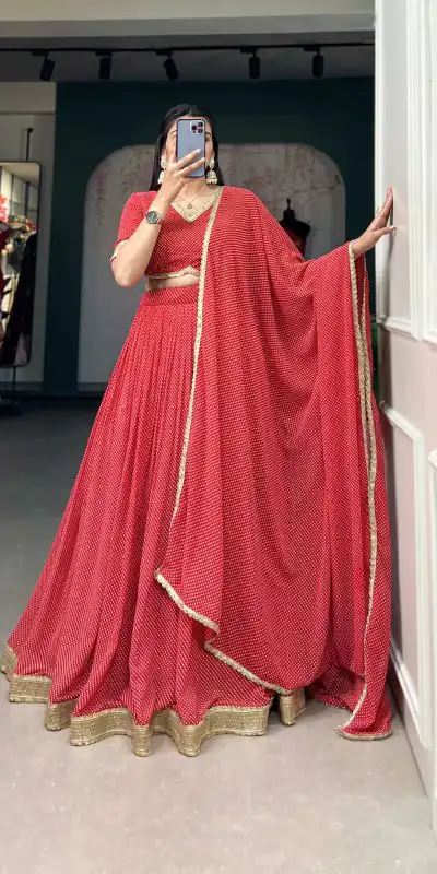 LNB 121 Red Color Georgette Print With Lace Border Lehenga Choli Festive Party Wedding, Events etc. Delivery 4-6 Working Days @2149/- | Lehenga, Bollywood Lehenga, Creative Lehenga, Designer Lehenga, Embroidered Lehenga, Party Wear Lehenga