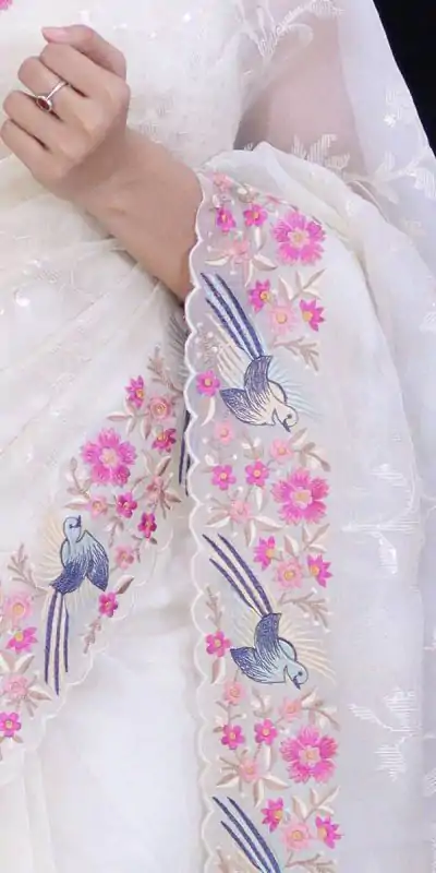 ST 455 White Color Georgette Cotton Thread Embroidery Saree Casual, Wedding, Party, Festive, Events Etc. Expected Delivery 4-6 Working Days @1949/- | Designer Sarees, Sarees, Bollywood Sarees, Creative Sarees, Embroidered Sarees, Ethnic Saree, Modern Digital sarees, Party Wear Sarees