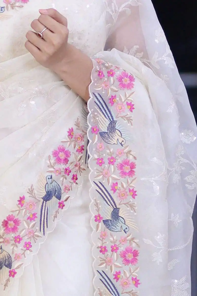 ST 455 White Color Georgette Cotton Thread Embroidery Saree Casual, Wedding, Party, Festive, Events Etc. Expected Delivery 4-6 Working Days @1949/- | Designer Sarees, Sarees, Bollywood Sarees, Creative Sarees, Embroidered Sarees, Ethnic Saree, Modern Digital sarees, Party Wear Sarees