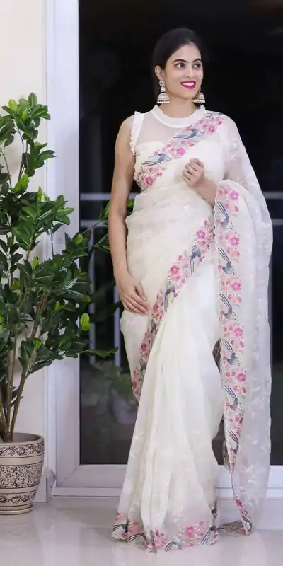 ST 455 White Color Georgette Cotton Thread Embroidery Saree Casual, Wedding, Party, Festive, Events Etc. Expected Delivery 4-6 Working Days @1949/- | Designer Sarees, Sarees, Bollywood Sarees, Creative Sarees, Embroidered Sarees, Ethnic Saree, Modern Digital sarees, Party Wear Sarees