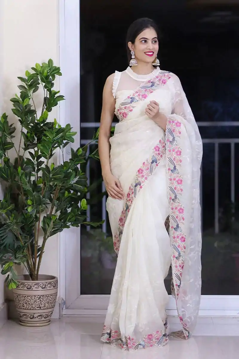 ST 455 White Color Georgette Cotton Thread Embroidery Saree Casual, Wedding, Party, Festive, Events Etc. Expected Delivery 4-6 Working Days @1949/- | Designer Sarees, Sarees, Bollywood Sarees, Creative Sarees, Embroidered Sarees, Ethnic Saree, Modern Digital sarees, Party Wear Sarees