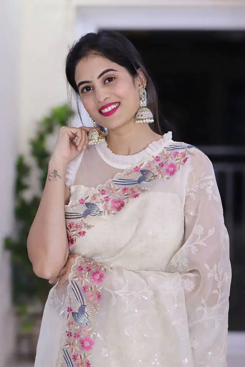 ST 455 White Color Georgette Cotton Thread Embroidery Saree Casual, Wedding, Party, Festive, Events Etc. Expected Delivery 4-6 Working Days @1949/- | Designer Sarees, Sarees, Bollywood Sarees, Creative Sarees, Embroidered Sarees, Ethnic Saree, Modern Digital sarees, Party Wear Sarees