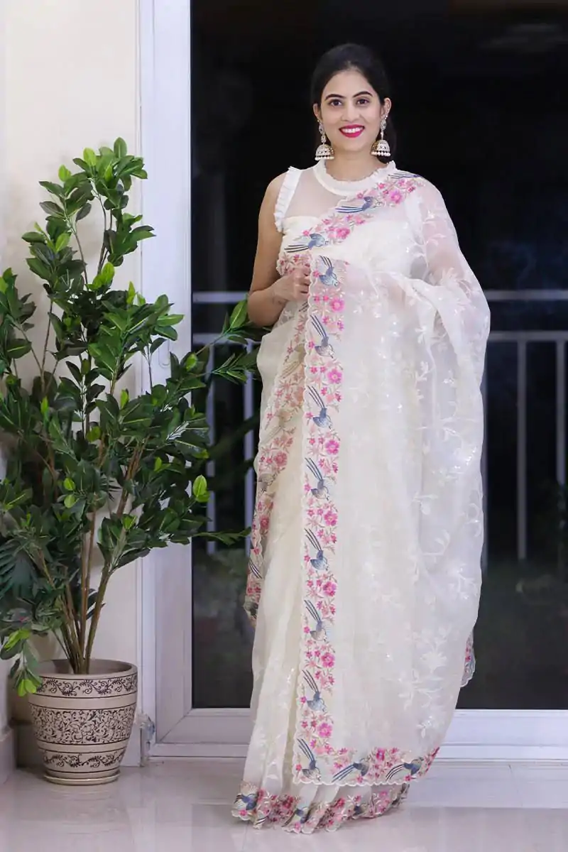 ST 455 White Color Georgette Cotton Thread Embroidery Saree Casual, Wedding, Party, Festive, Events Etc. Expected Delivery 4-6 Working Days @1949/- | Designer Sarees, Sarees, Bollywood Sarees, Creative Sarees, Embroidered Sarees, Ethnic Saree, Modern Digital sarees, Party Wear Sarees