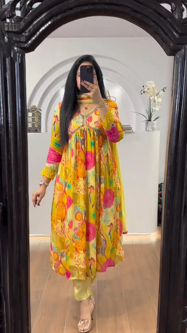LG 1838 Yellow Color Chinon Printed And Sequence Embroidery Salwar Suit Casual, Wedding, Festive, Events Expected Delivery 4-6 Working Days @1799/- | Jump Suits, Salwar suit, Casual Suits, Creative suits, Designer Suits, Palazzo Suits, Party Wear Suits, Patiala Suits, Straight Suits
