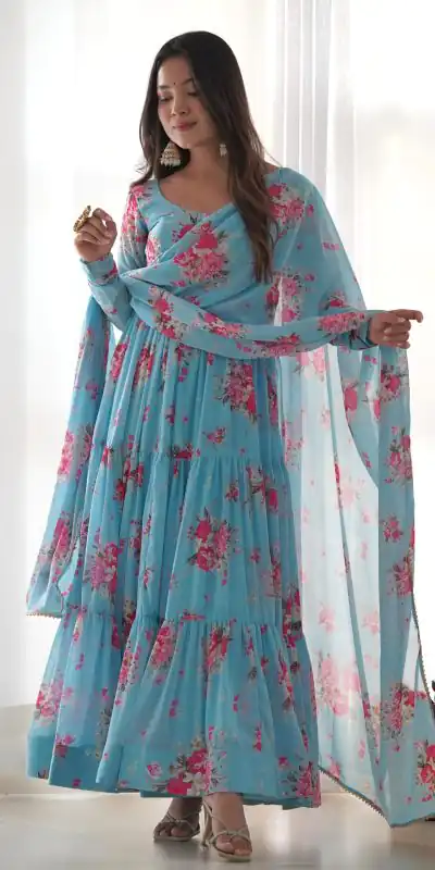 KB 268 Blue color Pure Soft Faux Georgette Floral Printed Anarkali Suit Casual, Wedding, Party, Festive, Events . Expected Delivery 4-6 Working Days @1999 | Anarkali Suits, Bollywood Anarkali, Creative-Anarkali, Designer Anarkali, Embroidered Anarkali, Party Wear Anarkali