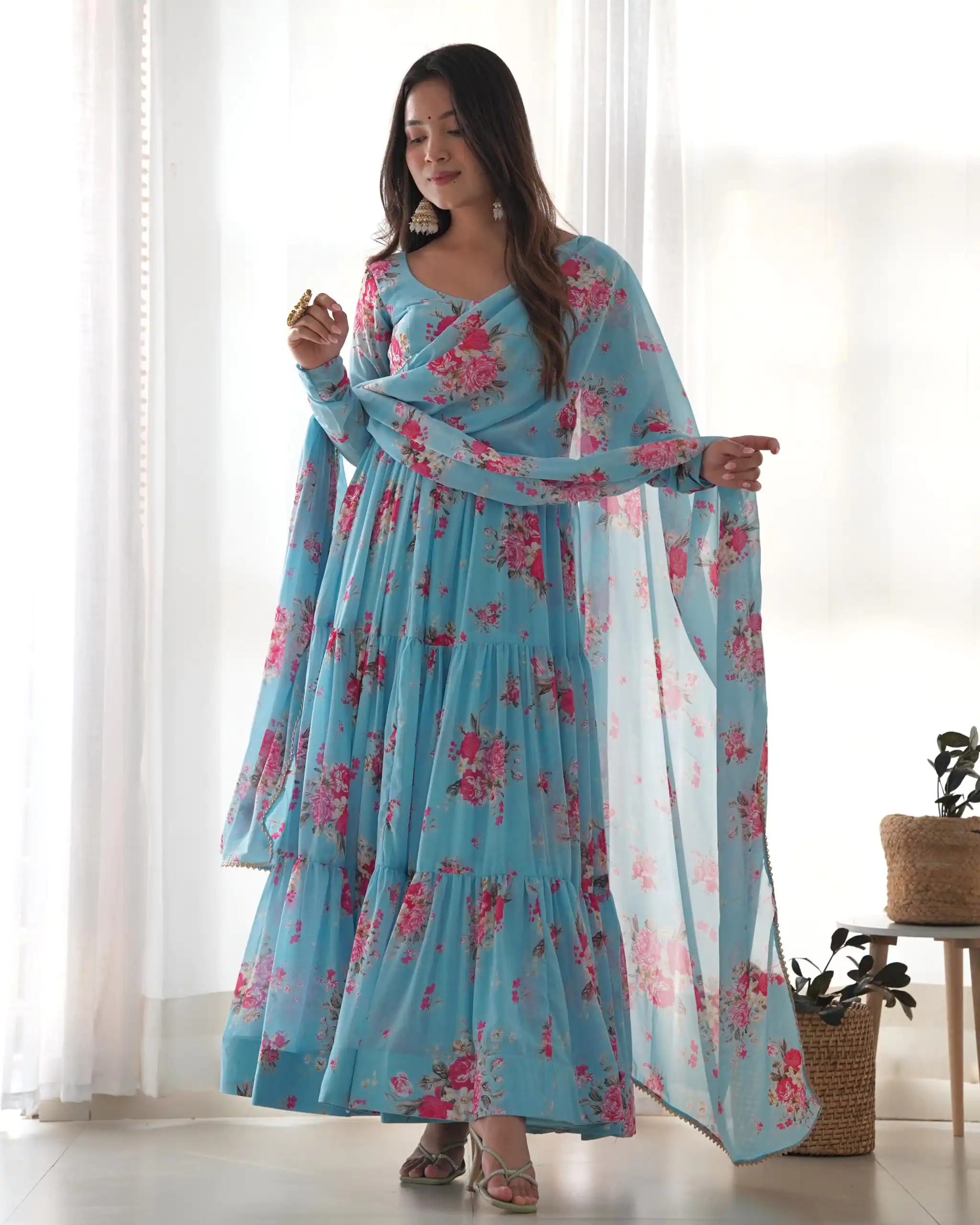 KB 268 Blue color Pure Soft Faux Georgette Floral Printed Anarkali Suit Casual, Wedding, Party, Festive, Events . Expected Delivery  4-6 Working Days @1999 | Anarkali Suits, Bollywood Anarkali, Creative-Anarkali, Designer Anarkali, Embroidered Anarkali, Party Wear Anarkali