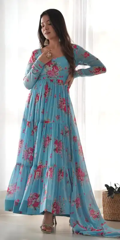 KB 268 Blue color Pure Soft Faux Georgette Floral Printed Anarkali Suit Casual, Wedding, Party, Festive, Events . Expected Delivery 4-6 Working Days @1999 | Anarkali Suits, Bollywood Anarkali, Creative-Anarkali, Designer Anarkali, Embroidered Anarkali, Party Wear Anarkali