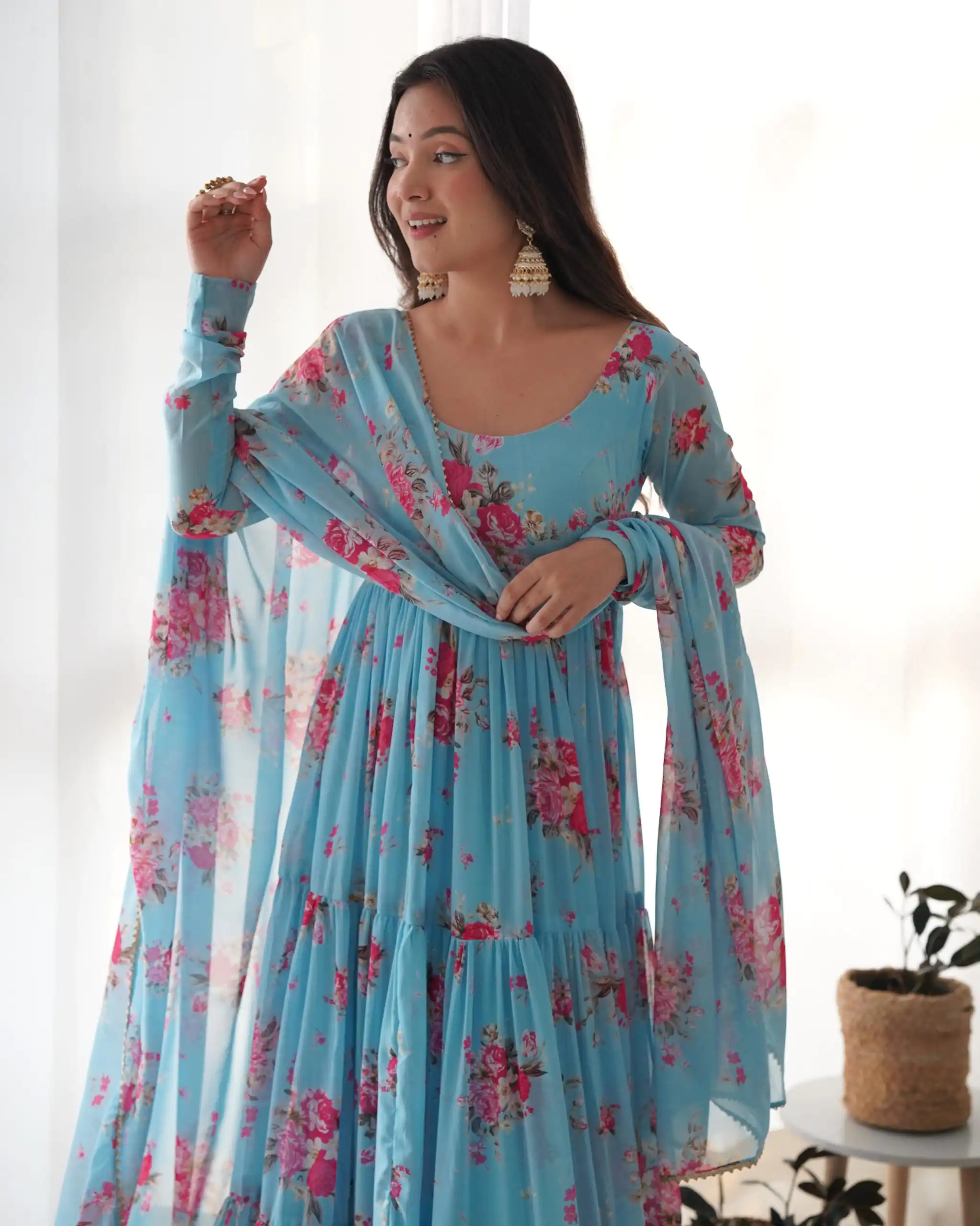 KB 268 Blue color Pure Soft Faux Georgette Floral Printed Anarkali Suit Casual, Wedding, Party, Festive, Events . Expected Delivery  4-6 Working Days @1999 | Anarkali Suits, Bollywood Anarkali, Creative-Anarkali, Designer Anarkali, Embroidered Anarkali, Party Wear Anarkali