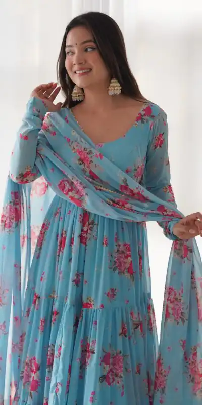KB 268 Blue color Pure Soft Faux Georgette Floral Printed Anarkali Suit Casual, Wedding, Party, Festive, Events . Expected Delivery 4-6 Working Days @1999 | Anarkali Suits, Bollywood Anarkali, Creative-Anarkali, Designer Anarkali, Embroidered Anarkali, Party Wear Anarkali