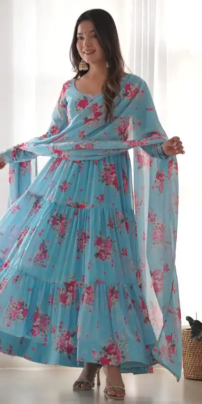 KB 268 Blue color Pure Soft Faux Georgette Floral Printed Anarkali Suit Casual, Wedding, Party, Festive, Events . Expected Delivery  4-6 Working Days @1999 | Anarkali Suits, Bollywood Anarkali, Creative-Anarkali, Designer Anarkali, Embroidered Anarkali, Party Wear Anarkali