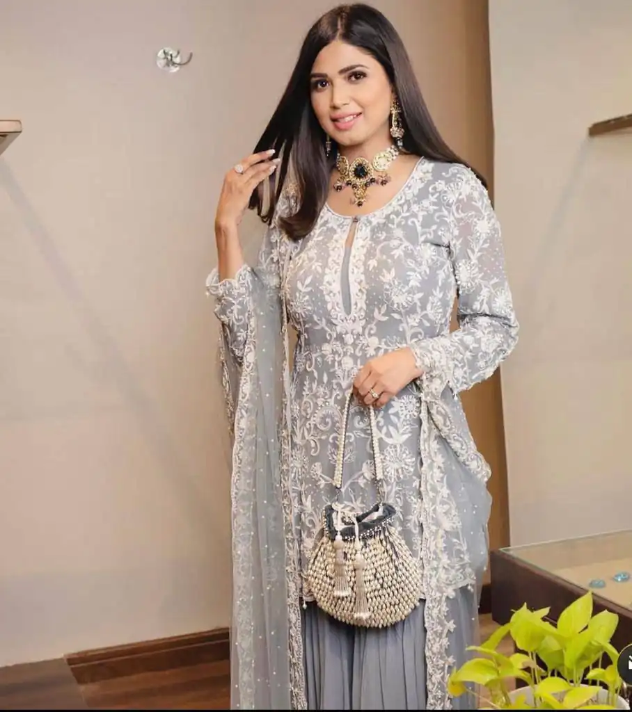 SR 1432 Blue Grey Color Heavy Georgette Embroidery Work Sharara Suit Wedding, Party, Festive, Events Etc. Expected Delivery 4-6 Working Days @1999 | Salwar suit, Casual Suits, Creative suits, Designer Suits, Palazzo Suits, Party Wear Suits, Straight Suits