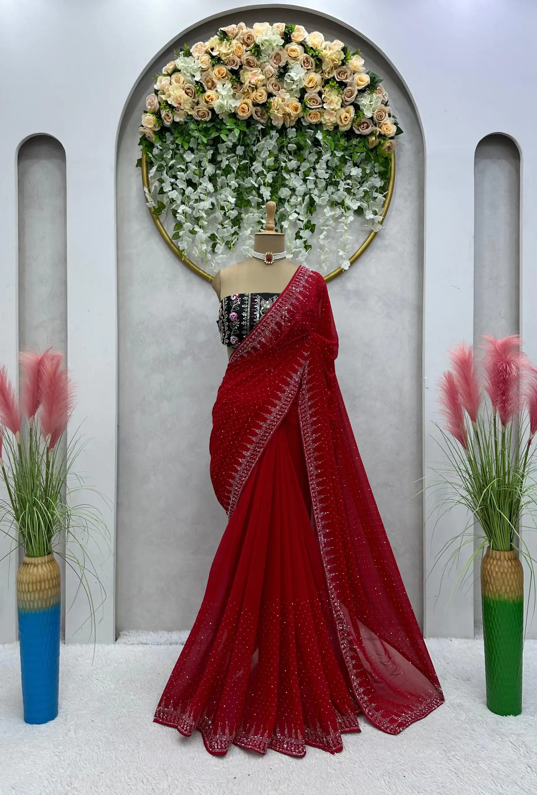 KD 443 Red Color Heavy Faux Georgette Hot Fix Work Saree Casual, Party, Wedding, Festive, Events Etc.  Expected Delivery  4-6 Working Days @1999/- Only | Designer Sarees, Sarees, Bollywood Sarees, Creative Sarees, Embroidered Sarees, Ethnic Saree, Modern Digital sarees, Party Wear Sarees