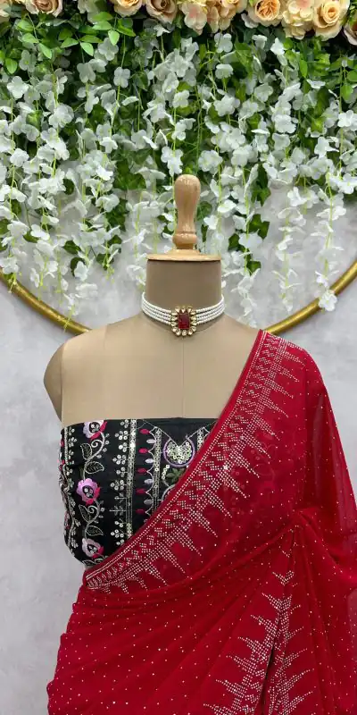 KD 443 Red Color Heavy Faux Georgette Hot Fix Work Saree Casual, Party, Wedding, Festive, Events Etc.  Expected Delivery  4-6 Working Days @1999/- Only | Designer Sarees, Sarees, Bollywood Sarees, Creative Sarees, Embroidered Sarees, Ethnic Saree, Modern Digital sarees, Party Wear Sarees