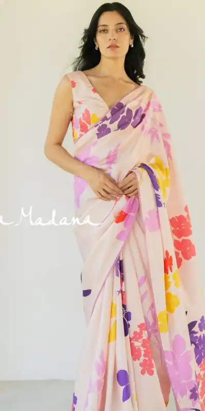  JM Krishna Madana2 Cream Pink Color Satin Silk Blouse Digital Print Saree, Party Wear, Events, Festivals Expected Delivery 4-6 Working Days 1549/- | Designer Sarees, Sarees, Bollywood Sarees, Creative Sarees, Embroidered Sarees, Ethnic Saree, Modern Digital sarees, Party Wear Sarees