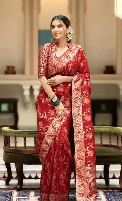 KP 5072 Red Color Soft Lichi Silk Jacquard On All Over Saree Casual, Party Wear, Wedding, Events Etc. Expected Delivery 4-6 Working Days @1499/- | Designer Sarees, Sarees, Bollywood Sarees, Creative Sarees, Embroidered Sarees, Ethnic Saree, Modern Digital sarees, Party Wear Sarees