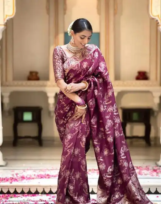 Splendorous Wine Color Soft Lichi Silk Jacquard All Over Saree