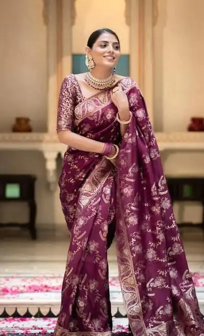 KP 5072B Wine Color Soft Lichi Silk Jacquard On All Over Saree Casual, Party Wear, Wedding, Events Etc. Expected Delivery 4-6 Working Days @1499/- | Designer Sarees, Sarees, Bollywood Sarees, Creative Sarees, Embroidered Sarees, Ethnic Saree, Modern Digital sarees, Party Wear Sarees