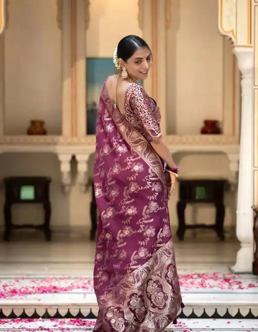 Splendorous Wine Color Soft Lichi Silk Jacquard All Over Saree