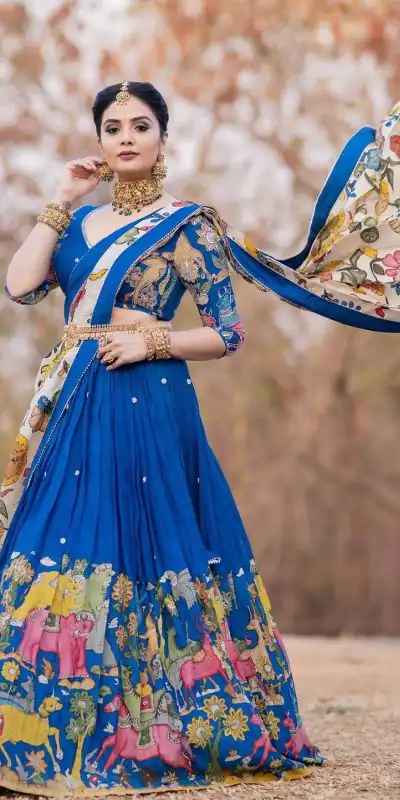 PC 357 Blue Color Chant Crepe Kalamkari Printed Lehenga Choli Casual, Party Wear, Events, Festivals Wear Expected Delivery 4-6 Working Days @2099/- | Lehenga, Bollywood Lehenga, Creative Lehenga, Designer Lehenga, Embroidered Lehenga, Party Wear Lehenga
