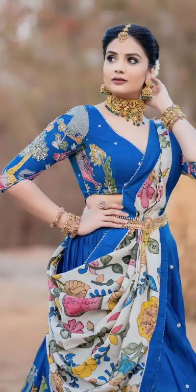 PC 357 Blue Color Chant Crepe Kalamkari Printed Lehenga Choli Casual, Party Wear, Events, Festivals Wear Expected Delivery 4-6 Working Days @2099/- | Lehenga, Bollywood Lehenga, Creative Lehenga, Designer Lehenga, Embroidered Lehenga, Party Wear Lehenga