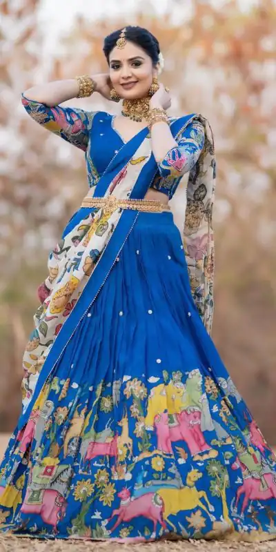 PC 357 Blue Color Chant Crepe Kalamkari Printed Lehenga Choli Casual, Party Wear, Events, Festivals Wear Expected Delivery 4-6 Working Days @2099/- | Lehenga, Bollywood Lehenga, Creative Lehenga, Designer Lehenga, Embroidered Lehenga, Party Wear Lehenga