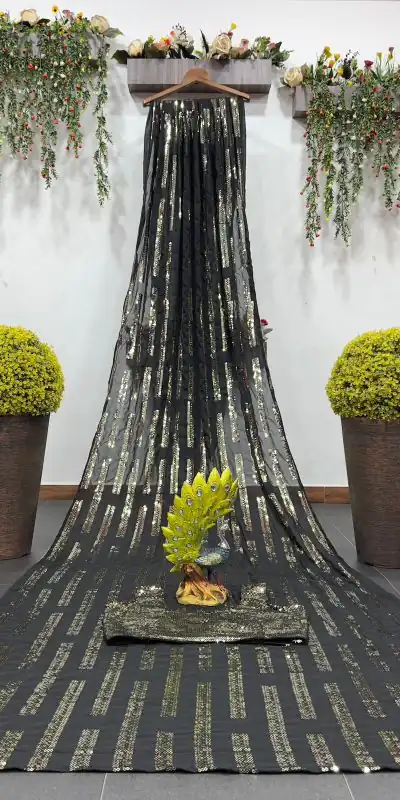 KD 383 Black Color Faux Georgette Sequence Work Saree Casual, Party, Wedding, Festive, Events Etc. Expected Delivery 4-6 Working Days @1699/- | Designer Sarees, Sarees, Bollywood Sarees, Creative Sarees, Embroidered Sarees, Ethnic Saree, Modern Digital sarees, Party Wear Sarees
