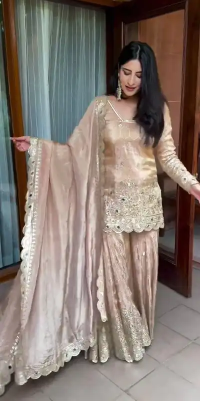 VLM 186 Golden color Chinon Silk Embroidery Work Salwar Suit Casual, Wedding, Party, Festive, Events . Expected Delivery 4-6 Working Days @2199/- | Jump Suits, Salwar suit, Casual Suits, Creative suits, Designer Suits, Palazzo Suits, Party Wear Suits, Patiala Suits, Straight Suits