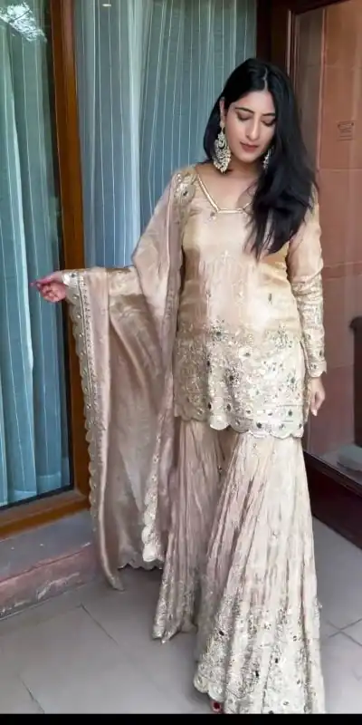 VLM 186 Golden color Chinon Silk Embroidery Work Salwar Suit Casual, Wedding, Party, Festive, Events . Expected Delivery 4-6 Working Days @2199/- | Jump Suits, Salwar suit, Casual Suits, Creative suits, Designer Suits, Palazzo Suits, Party Wear Suits, Patiala Suits, Straight Suits