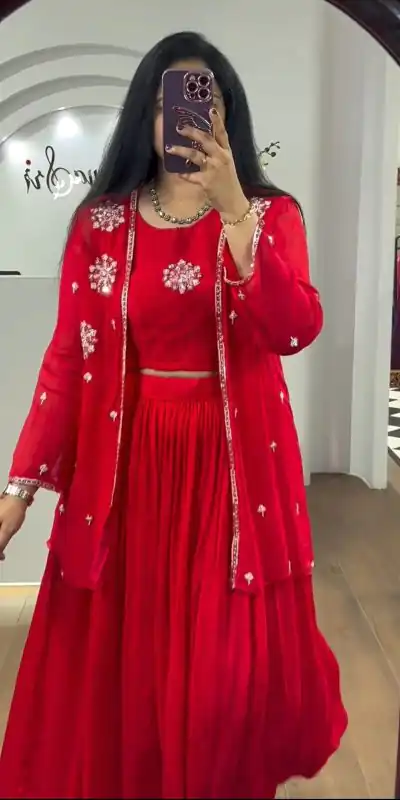 PC 365 Red Color Georgette Embroidery With Shrug Lehenga Choli Casual, Party Wear, Events, Festivals Wear Etc. Expected Delivery 4-6 Working Days @2029/- | Lehenga, Bollywood Lehenga, Creative Lehenga, Designer Lehenga, Embroidered Lehenga, Party Wear Lehenga