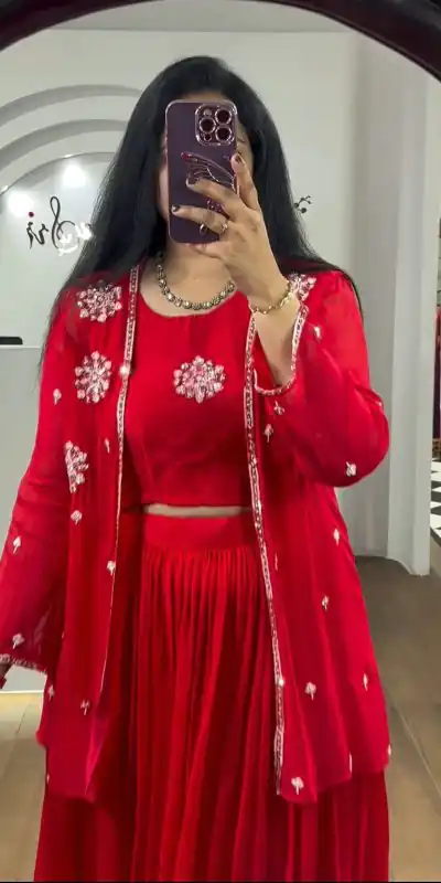 PC 365 Red Color Georgette Embroidery With Shrug Lehenga Choli Casual, Party Wear, Events, Festivals Wear Etc. Expected Delivery 4-6 Working Days @2029/- | Lehenga, Bollywood Lehenga, Creative Lehenga, Designer Lehenga, Embroidered Lehenga, Party Wear Lehenga