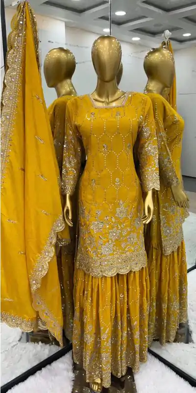 SR 1616 Yellow Color Heavy Chinnon Silk Embroidery Work Sharara Suit Wedding, Party, Festive, Events Etc. Expected Delivery 4-6 Working Days @2199Only | Casual Suits, Salwar suit, Creative suits, Designer Suits, Palazzo Suits, Party Wear Suits, Straight Suits