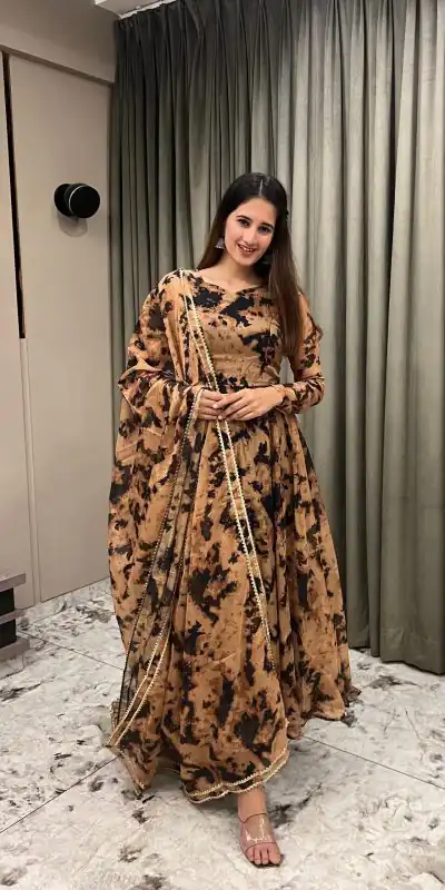 NF 1211 Chiku color Organza Digital Printed Anarkali Suit Casual, Wedding, Party, Festive, Events . Expected Delivery  4-6 Working Days @2249 | Anarkali Suits, Bollywood Anarkali, Creative-Anarkali, Designer Anarkali, Embroidered Anarkali, Party Wear Anarkali