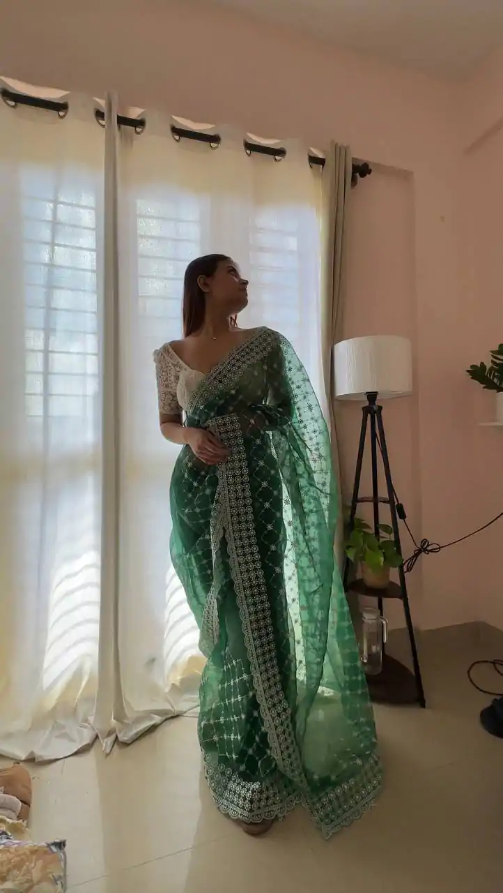   AC ARROW Green Color Organza Embroidery Thread Work Saree Casual, Wedding, Festive, Events Expected Delivery 4-6 Working Days @2099/- | Designer Sarees, Sarees, Bollywood Sarees, Creative Sarees, Embroidered Sarees, Ethnic Saree, Modern Digital sarees, Party Wear Sarees
