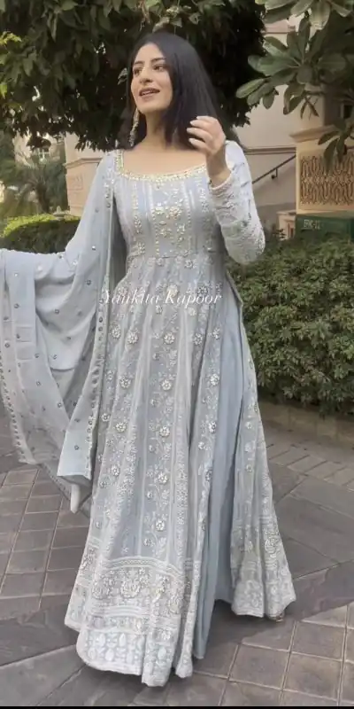 VLM 150 Grey color Foix Georgette Embroidery Woek Salwar Suit Casual, Wedding, Party, Festive, Events . Expected Delivery  4-6 Working Days @2249/- | Jump Suits, Salwar suit, Casual Suits, Creative suits, Designer Suits, Palazzo Suits, Party Wear Suits, Patiala Suits, Straight Suits
