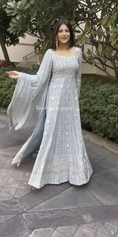 VLM 150 Grey color Foix Georgette Embroidery Woek Salwar Suit Casual, Wedding, Party, Festive, Events . Expected Delivery  4-6 Working Days @2249/- | Jump Suits, Salwar suit, Casual Suits, Creative suits, Designer Suits, Palazzo Suits, Party Wear Suits, Patiala Suits, Straight Suits