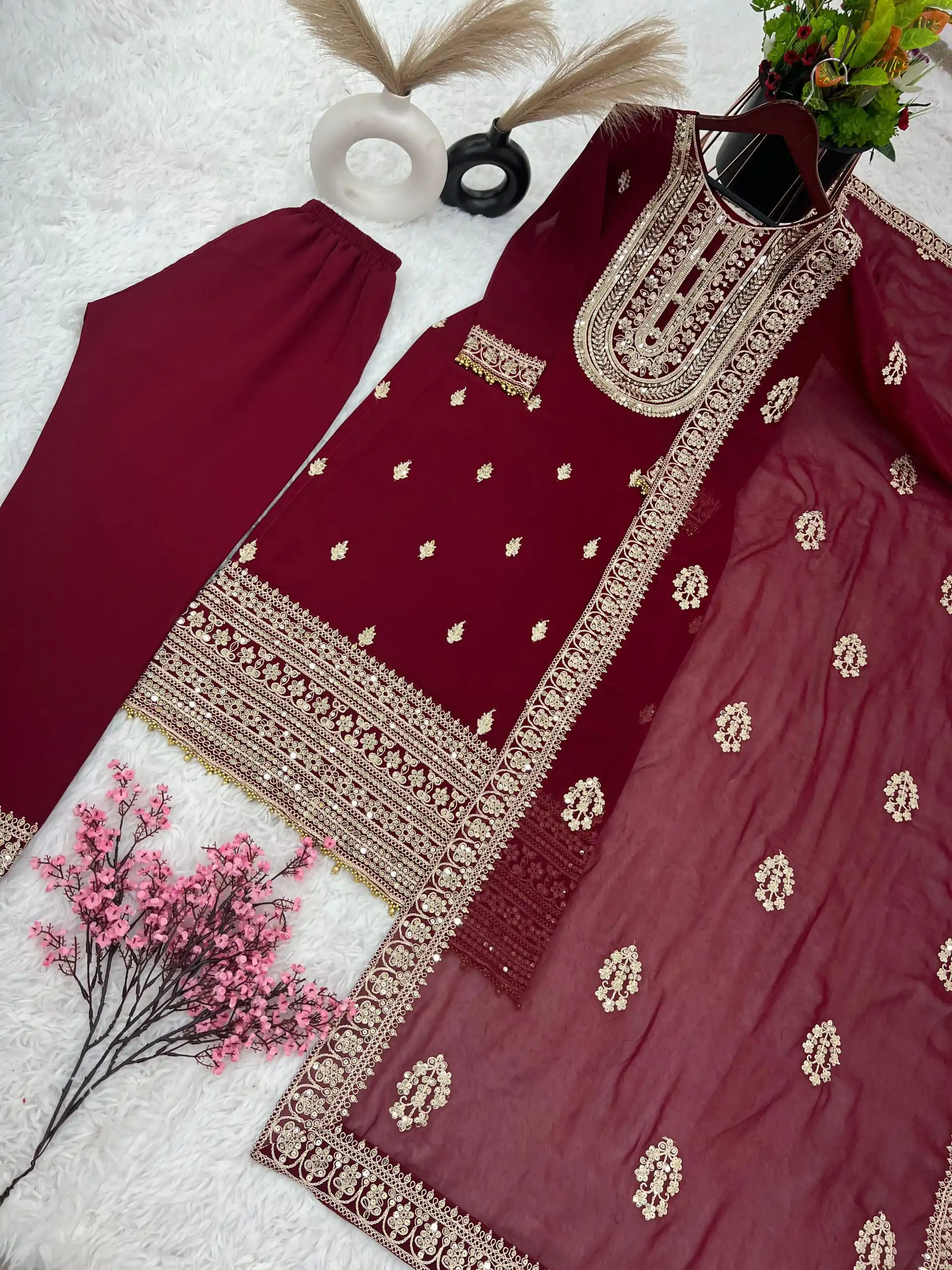 SRK 5162 Maroon Color Faux Georgette Embroidery Salwar Suit Wedding, Party, Festive, Events Expected Delivery 4-6 Working Days @ 1999/- | Salwar suit, Casual Suits, Creative suits, Designer Suits, Palazzo Suits, Party Wear Suits, Patiala Suits, Straight Suits