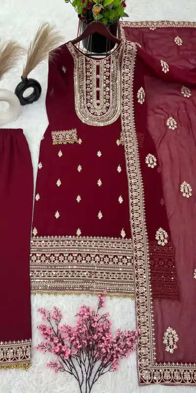 SRK 5162 Maroon Color Faux Georgette Embroidery Salwar Suit Wedding, Party, Festive, Events Expected Delivery 4-6 Working Days @ 1999/- | Salwar suit, Casual Suits, Creative suits, Designer Suits, Palazzo Suits, Party Wear Suits, Patiala Suits, Straight Suits