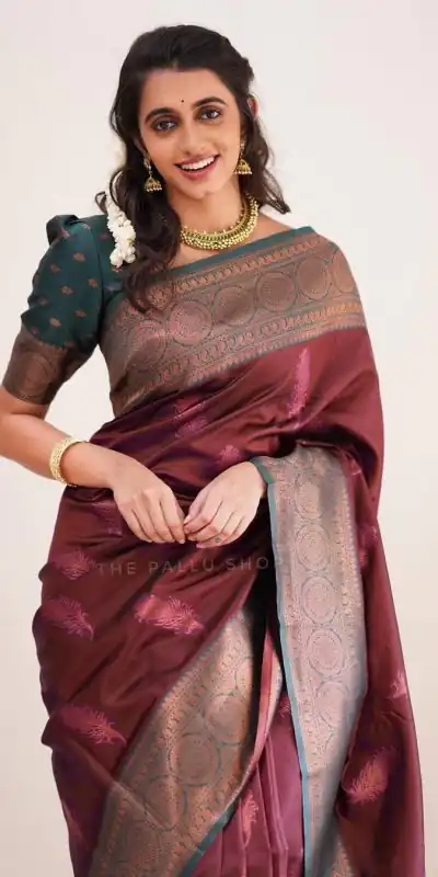 SC Morpich Maroon Color Soft Silk Pink Zari Design Spread Shine Various Saree , Party Wear, Events, Festivals Expected Delivery 4-6 Working Days 1499/- | Designer Sarees, Sarees, Bollywood Sarees, Creative Sarees, Embroidered Sarees, Ethnic Saree, Modern Digital sarees, Party Wear Sarees