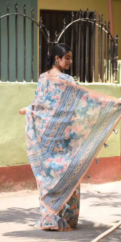 Veechis 111 Sky Blue Color Linen Beautiful Digital Printed Work Saree Casual, Party Festive, Events. Expected Delivery 4-6 Working Days @1549/- | Designer Sarees, Sarees, Bollywood Sarees, Creative Sarees, Embroidered Sarees, Modern Digital sarees, Party Wear Sarees