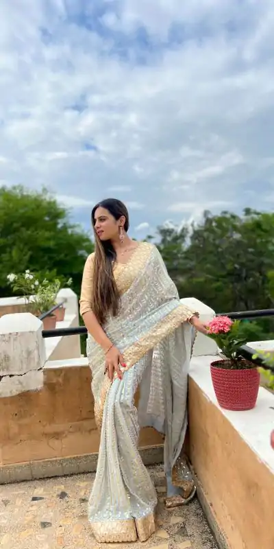 JR 585 White Color Georgette Embroidery Sequence Piping Saree Casual, Wedding, Festive, Events Expected Delivery 4-6 Working Days @1949/- | Designer Sarees, Sarees, Bollywood Sarees, Creative Sarees, Embroidered Sarees, Ethnic Saree, Modern Digital sarees, Party Wear Sarees