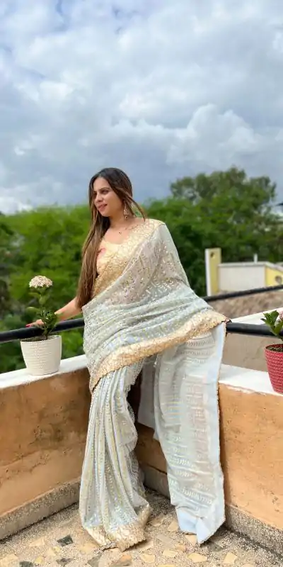 JR 585 White Color Georgette Embroidery Sequence Piping Saree Casual, Wedding, Festive, Events Expected Delivery  4-6 Working Days @1949/- | Designer Sarees, Sarees, Bollywood Sarees, Creative Sarees, Embroidered Sarees, Ethnic Saree, Modern Digital sarees, Party Wear Sarees