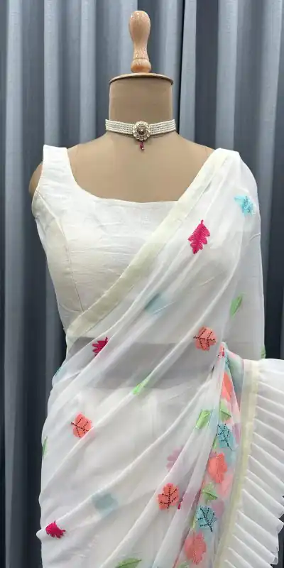 KD 390 White Color Faux Georgette Thread With Fancy Ruffle Saree Casual, Party, Wedding, Festive, Events Etc.  Expected Delivery  4-6 Working Days @1749/- | Designer Sarees, Sarees, Bollywood Sarees, Creative Sarees, Embroidered Sarees, Ethnic Saree, Modern Digital sarees, Party Wear Sarees
